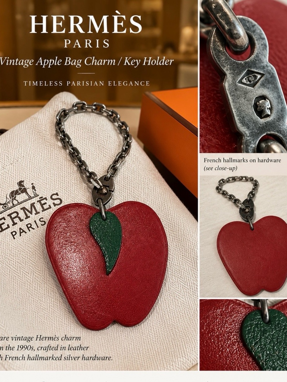 Vintage Hermès Paris Apple Bag Charm Key Holder Red Leather Green Leaf